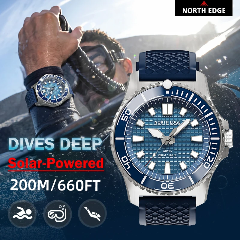 Reloj de Lujo de Cuarzo para Hombre NORTH EDGE ABYSS, con Energía Solar, Sumergible hasta 200 m, Relojes Deportivos de Buceo, Caja de Acero 316L, Más de 180 Días de Autonomía
