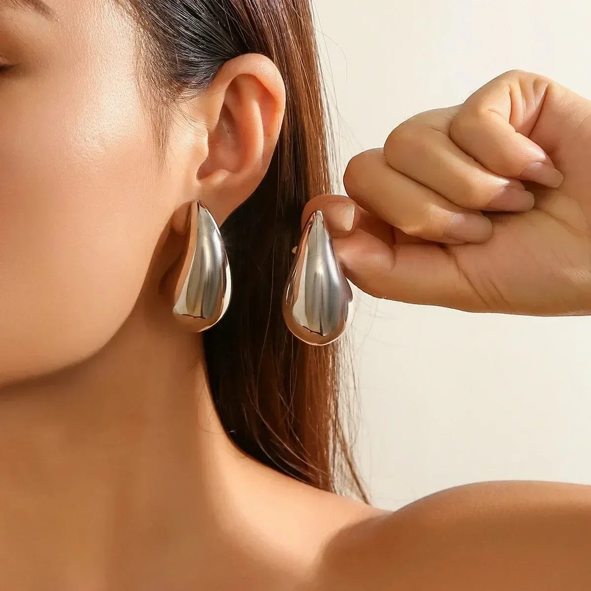 Pendientes de gota de agua de cúpula gruesa chapados en oro de 18 quilates de Plata de Ley 925 para mujer, pendientes de aro de lágrima gruesos brillantes Vintage, joyería
