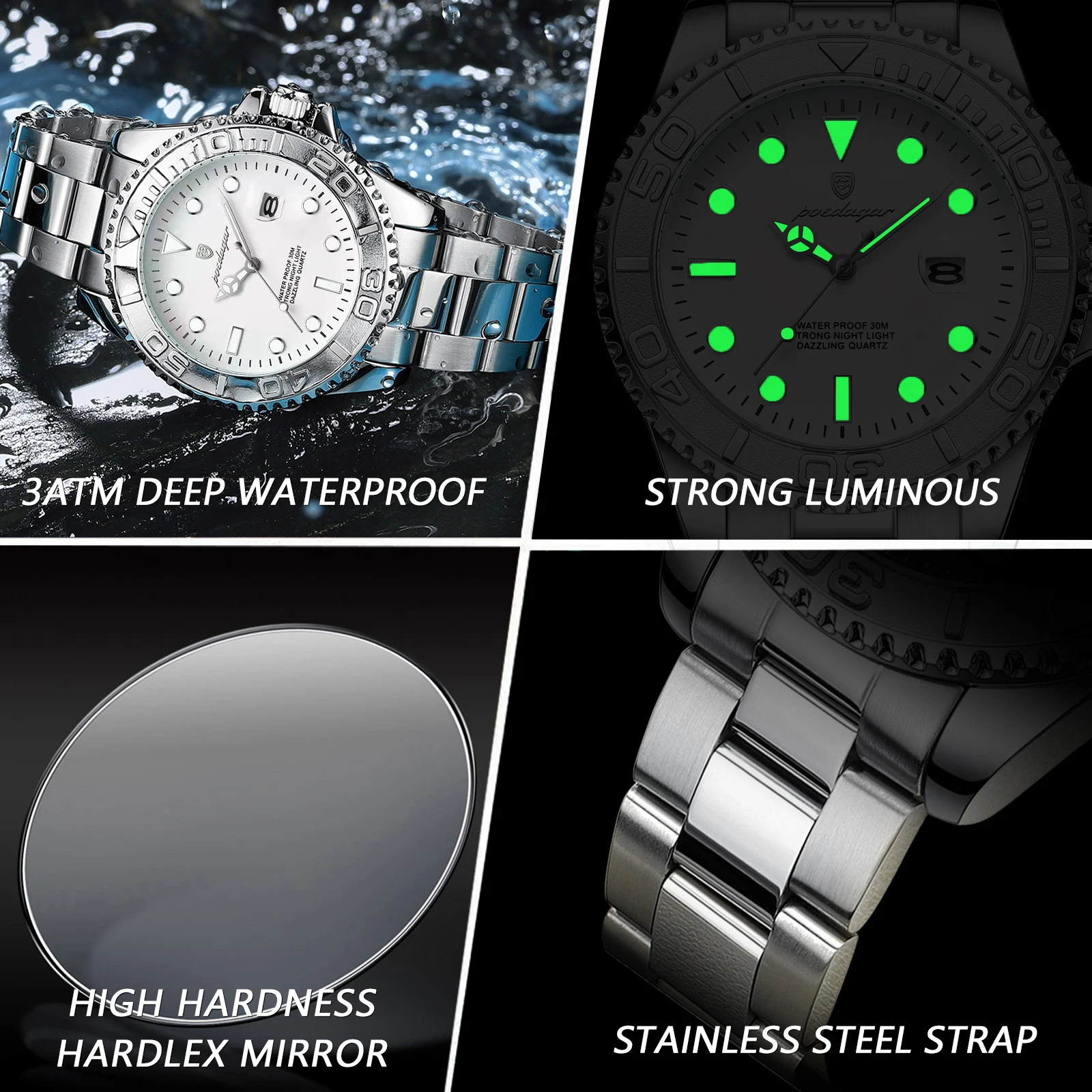 Reloj de Pulsera POEDAGAR Casual para Hombre, Resistente al Agua, Luminoso, con Fecha, Reloj de Acero Inoxidable, Clásico, de Cuarzo