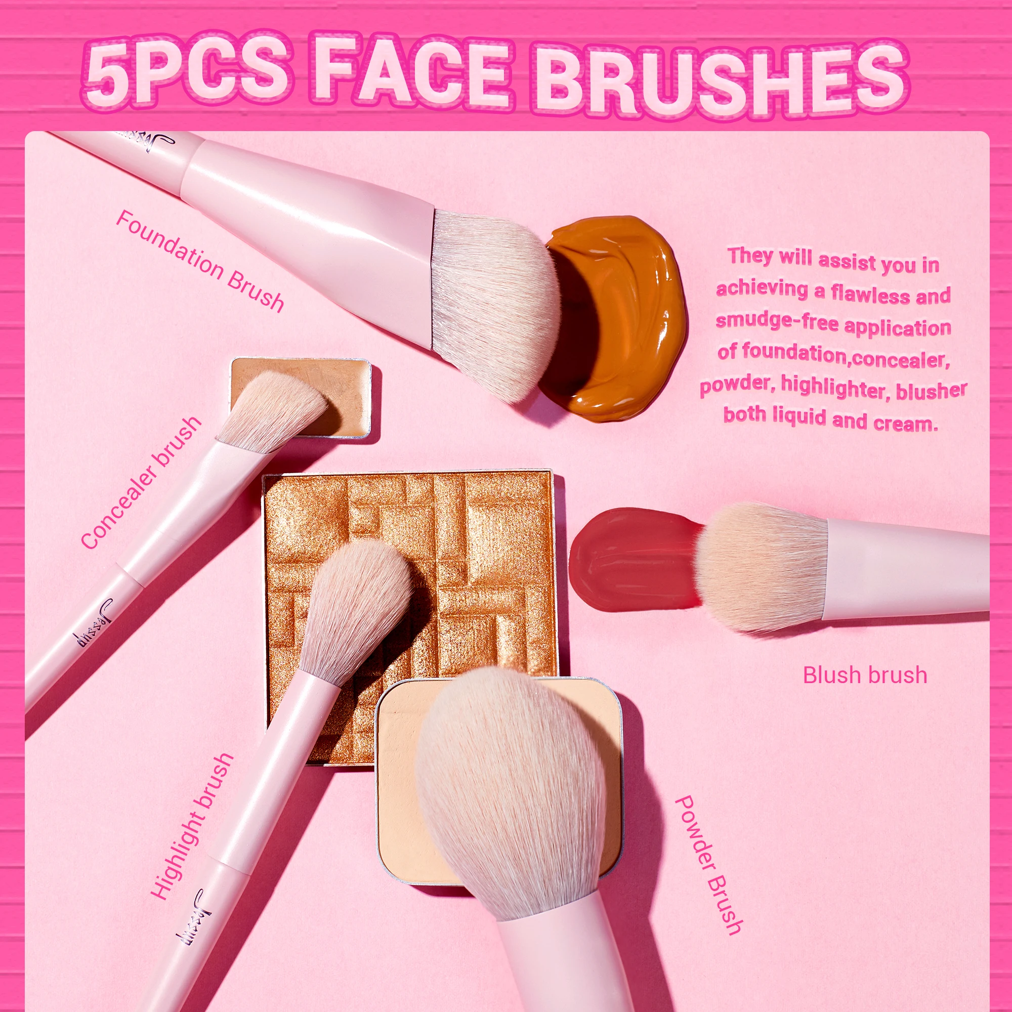 Set de Brochas de Maquillaje Jessup Rosa, 14 Piezas, Brochas Veganas Premium para Base, Rubor, Sombra de Ojos, Delineador, Polvo y Difuminado, T495