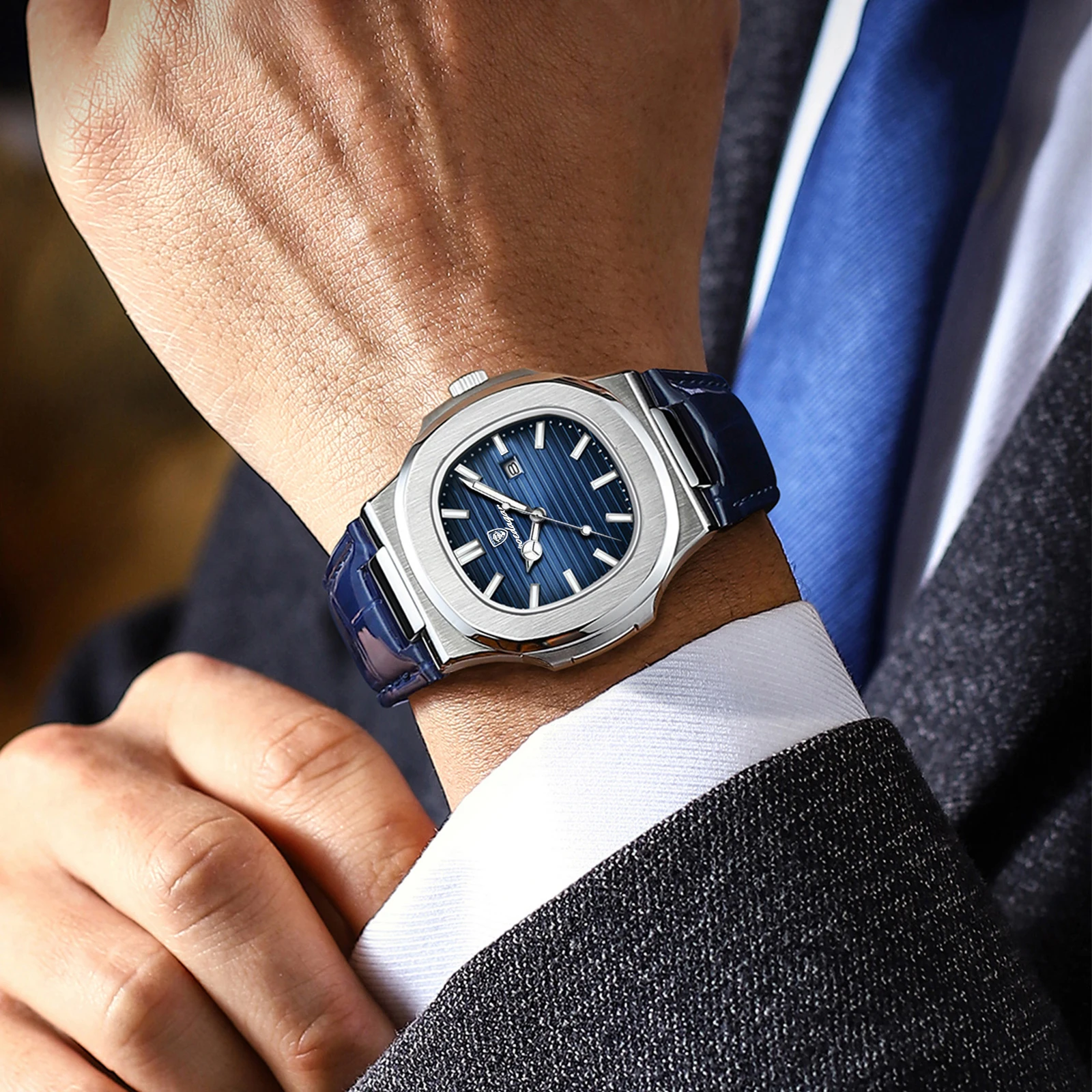 POEDAGAR Reloj cuadrado superior para hombre con fecha resistente al agua luminoso Reloj de pulsera de lujo para hombre relojes de cuarzo de cuero de alta calidad para hombre + Reloj con caja