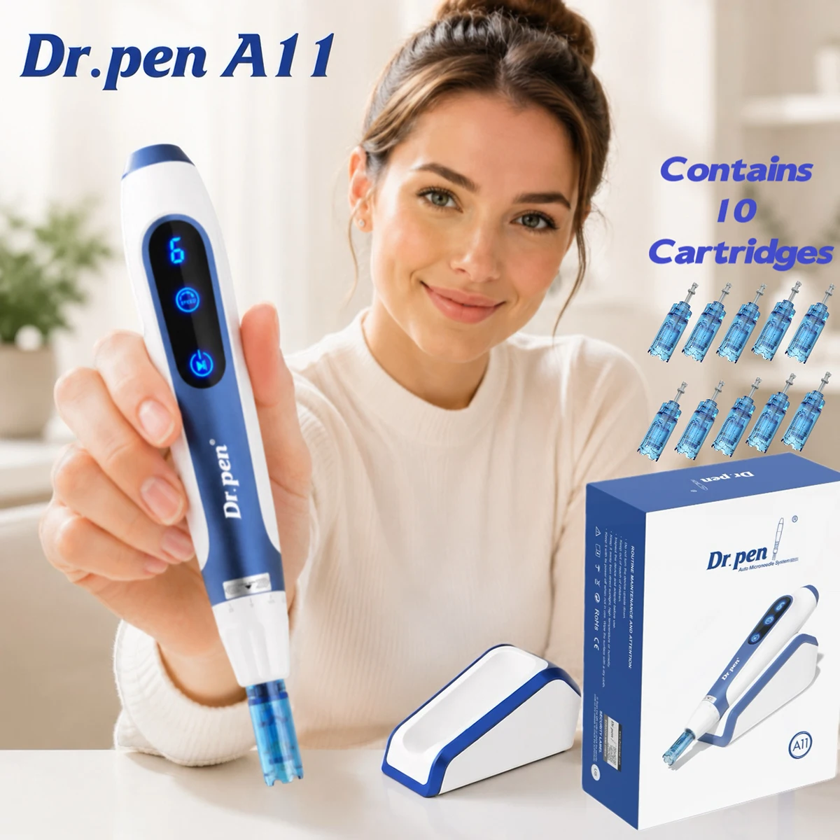 Dr.Pen A11 Original con 10 Cartuchos, Pluma de Microagujas Eléctrica Profesional con Base, Aguja de 0.25MM