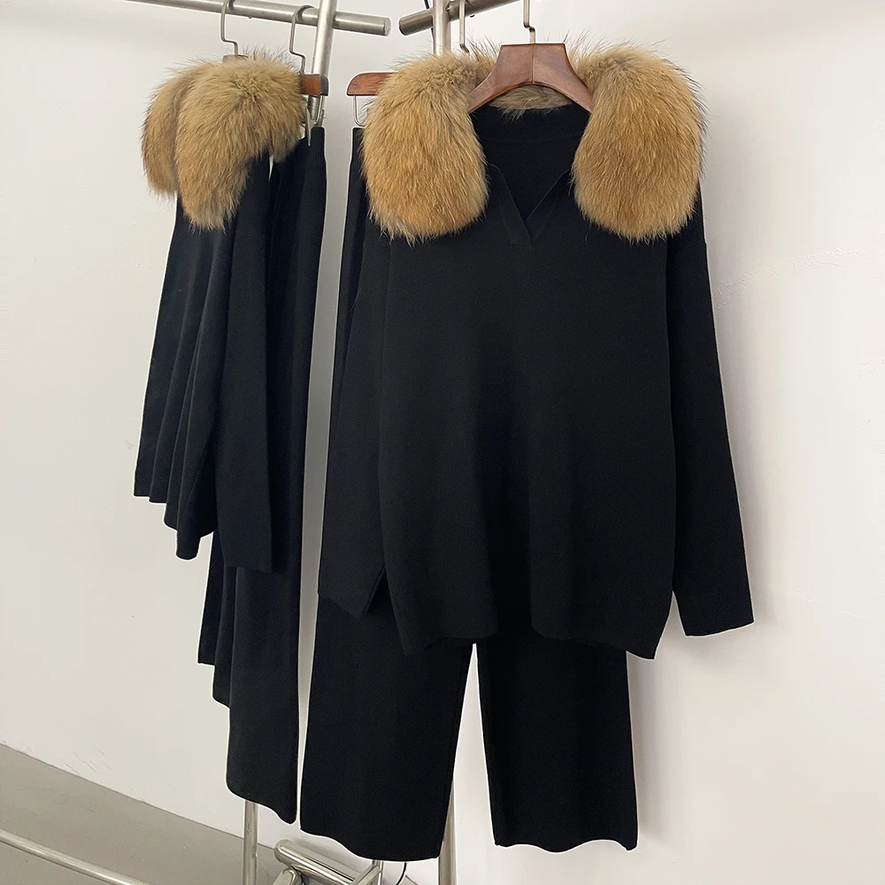 Conjunto de Jersey y chaqueta de piel de realidad para mujer, traje de punto para primavera, suéter con cuello de piel de zorro Real para mujer, tejido de otoño nuevo