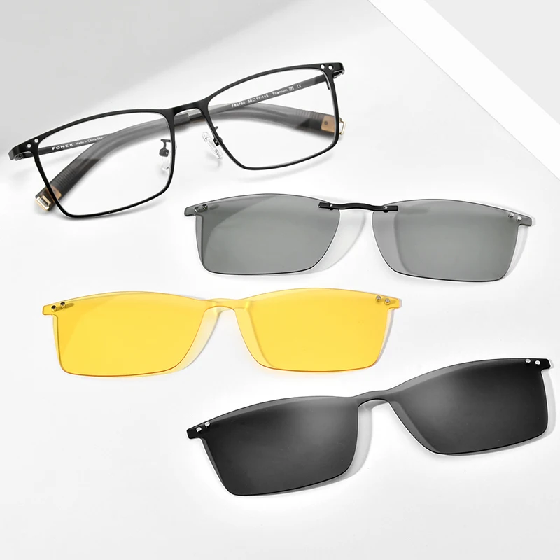 Montura de gafas FONEX de titanio para hombre, gafas cuadradas con Clip magnético con visión nocturna 3D y lentes polarizadas, gafas japonesas 85760
