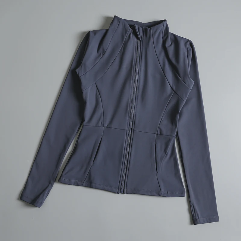 Ropa de yoga para mujer, abrigo redondo de alta elasticidad, suelto, para ejercicio, fitness, manga larga, cuello levantado, tops de yoga