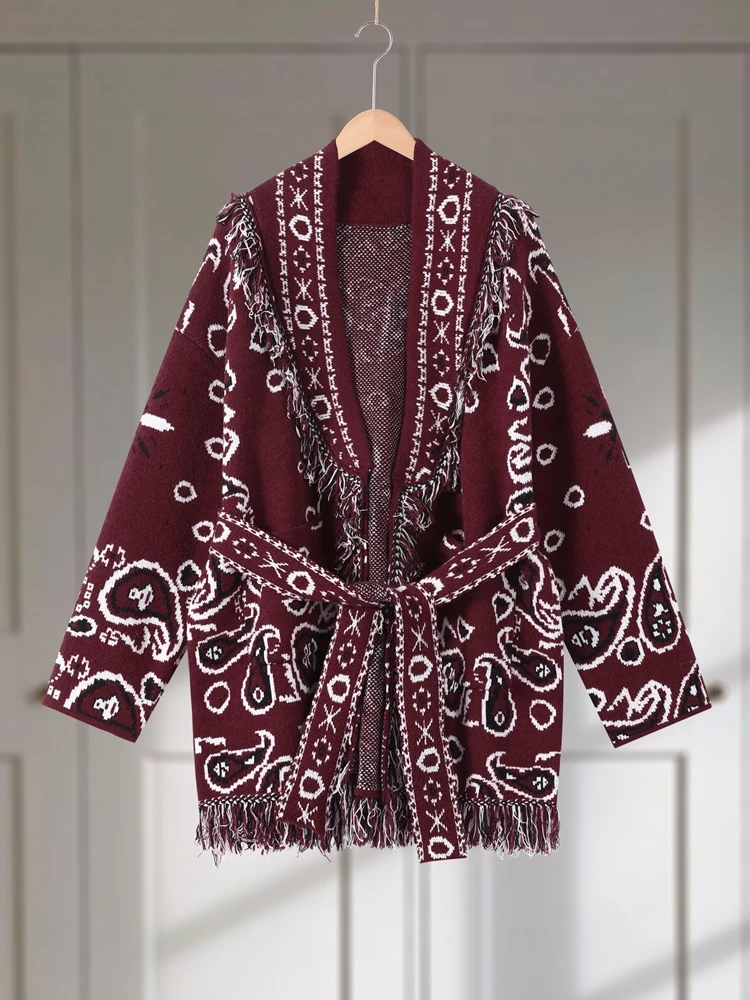 Cárdigan de punto jacquard con borlas para mujer, estilo otoño 2026, suéter holgado de manga larga con cinturón y cuello en V, ropa de calle femenina, novedad