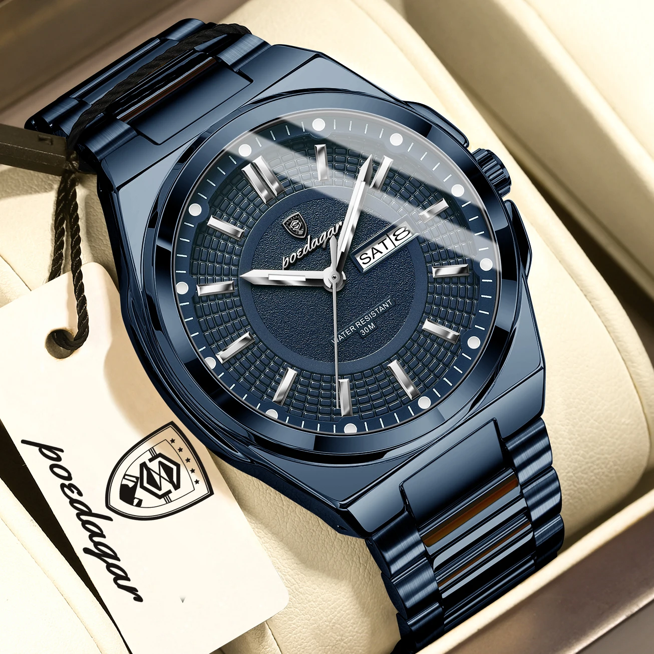 POEDAGAR, reloj de pulsera para hombre de negocios, acero inoxidable, resistente al agua, luminoso, informal, reloj para hombre, fecha, semana, relojes de cuarzo elegantes para hombre