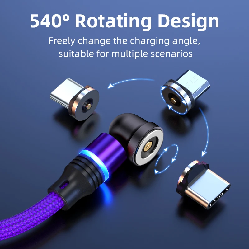 Cable USB C magnético giratorio de 540 grados, Cable tipo C de 1M, 2M, 3M para cargador magnético de teléfono móvil, Cable para Huawei Xiaomi