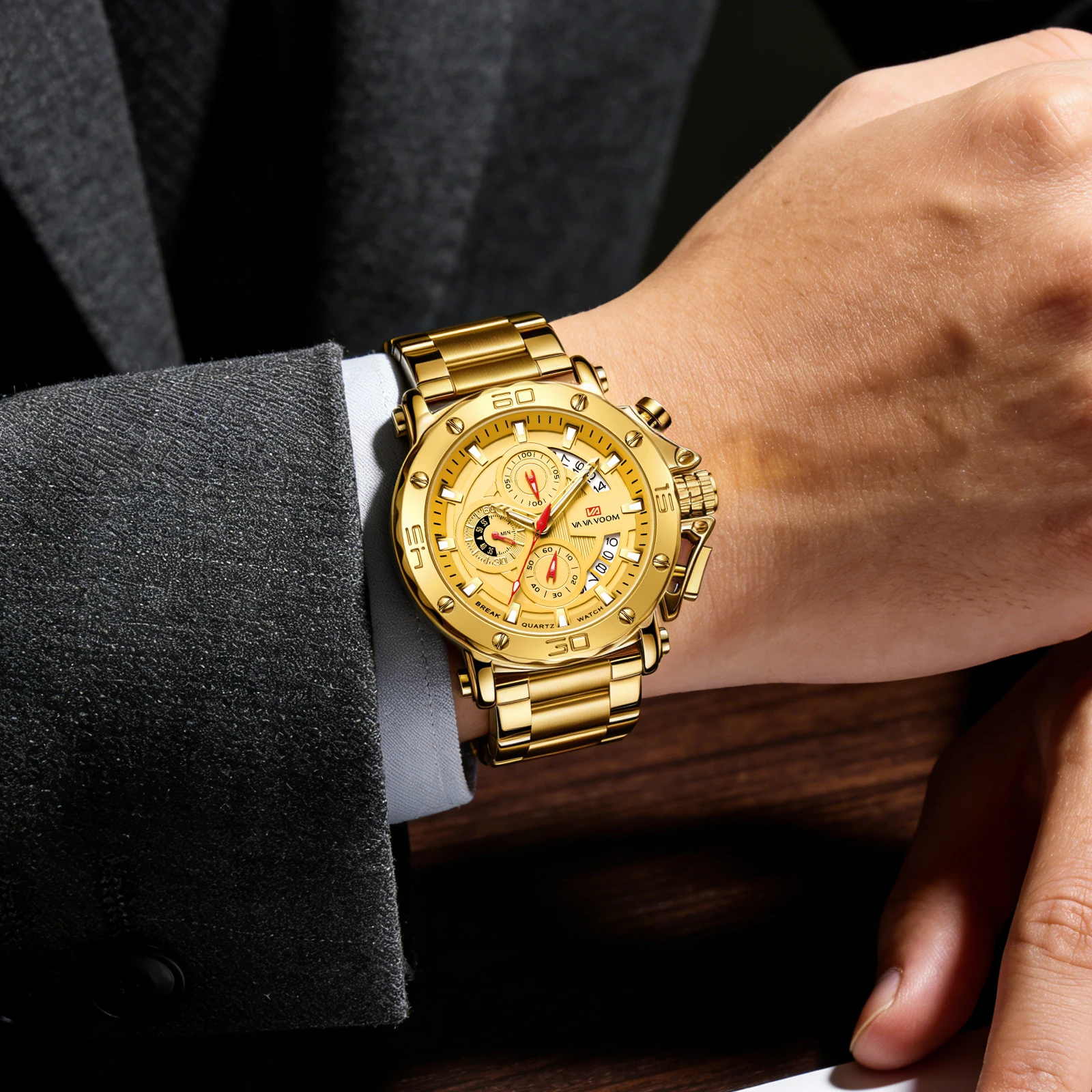 Reloj Deportivo Multifuncional para Hombre, 46 mm, Correa de Acero Inoxidable Plateada, Esfera Luminosa de Moda, Reloj de Cuarzo Resistente al Agua para Hombre