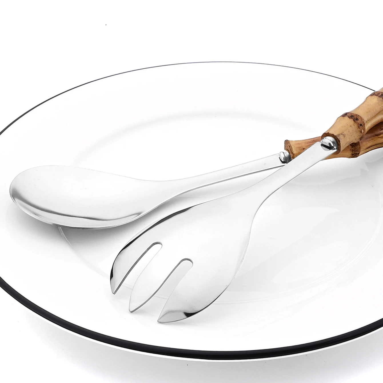 Cuchara para servir con mango largo, tenedor, mango de madera de bambú, tenedor para ensalada, vajilla de cocina de acero inoxidable, juego de cubiertos, 2/4 Uds.