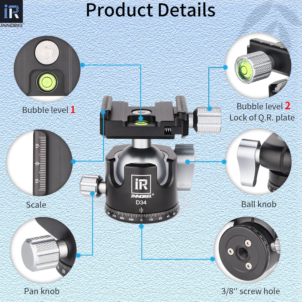 INNOREL trípode profesional cabeza de bola centro de baja gravedad 360 panorámica CNC 28mm/34mm bola para trípode monopié carga 10kg/15kg