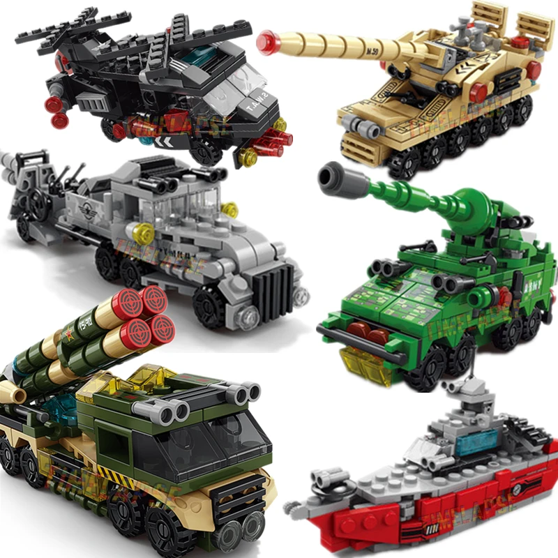 Nuevo DIY 6 en 1 portaaviones helicóptero mortero misil vehículo blindado Kit de bloques de construcción niñas ladrillos película modelo niños juguete