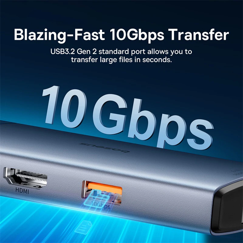Baseus USB C HUB HDMI 4K 60Hz Adaptador 6 en 1 Rápido de 10Gbps USB 3.2 Splitter Tipo C PD100W con RJ45 para Laptop Macbook Pro Air Hub