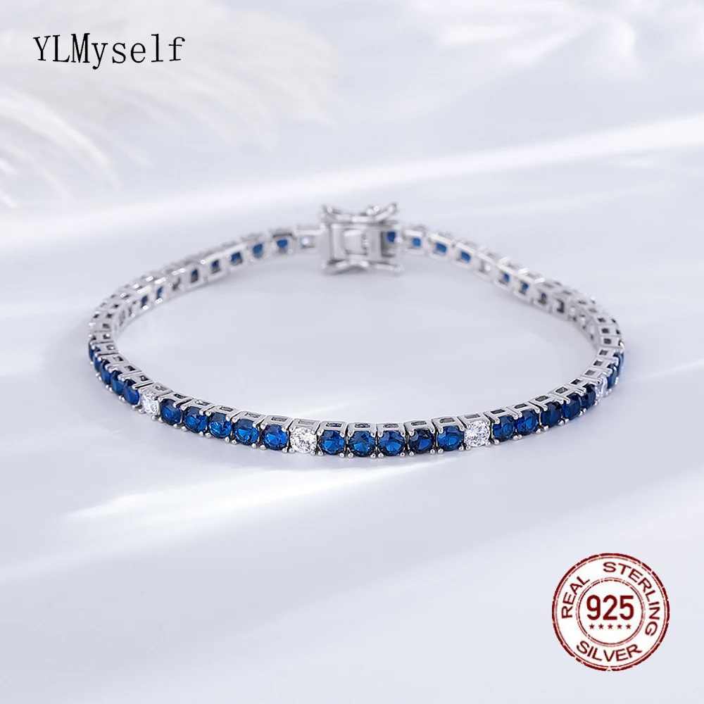 Joyería Fina, pulsera de tenis de plata 925 con circonita cúbica azul Montana/verde esmeralda/rojo rubí/turquesa/negro de 3mm