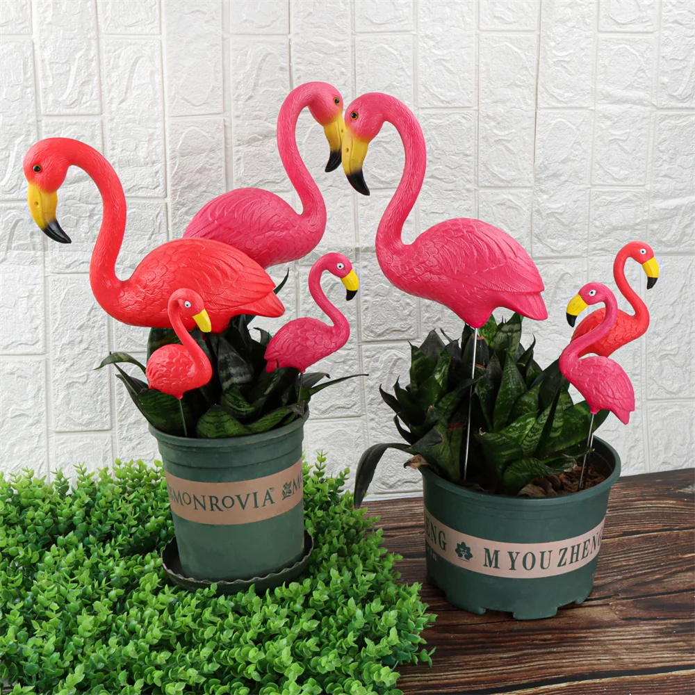 Mini rosa rojo pequeño flamenco de plástico decoración de patio pájaro césped jardín estaca estatua figuritas ornamento maceta