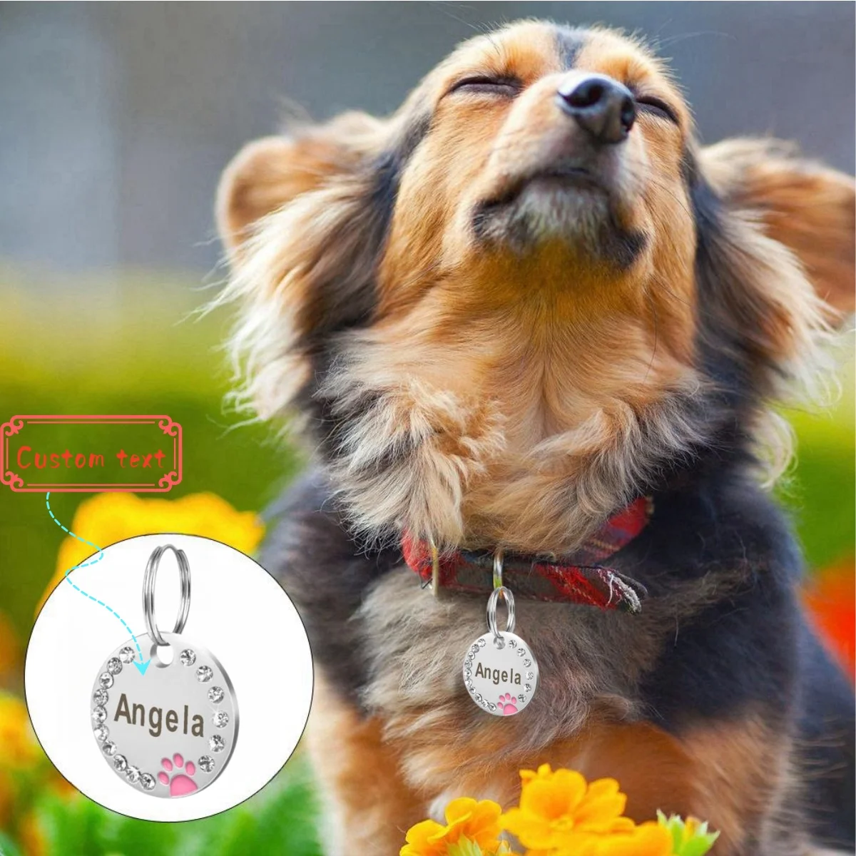 Collar con colgante de nombre de mascota grabado de acero inoxidable, etiquetas de identificación, Collar con colgante de diamante grabado antipérdida personalizado para identificación de perro y gato