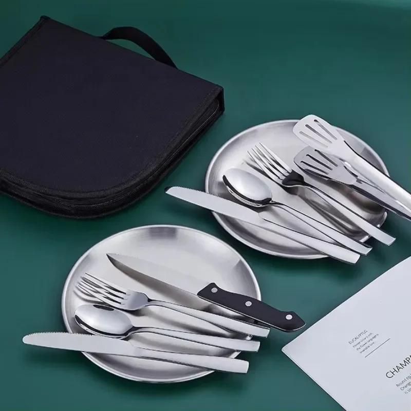 Juego de utensilio de Picnic para 2 personas con plato, cuchara, cuchillo, tenedor, vajilla de pícnic al aire libre, juego de vajilla para acampar