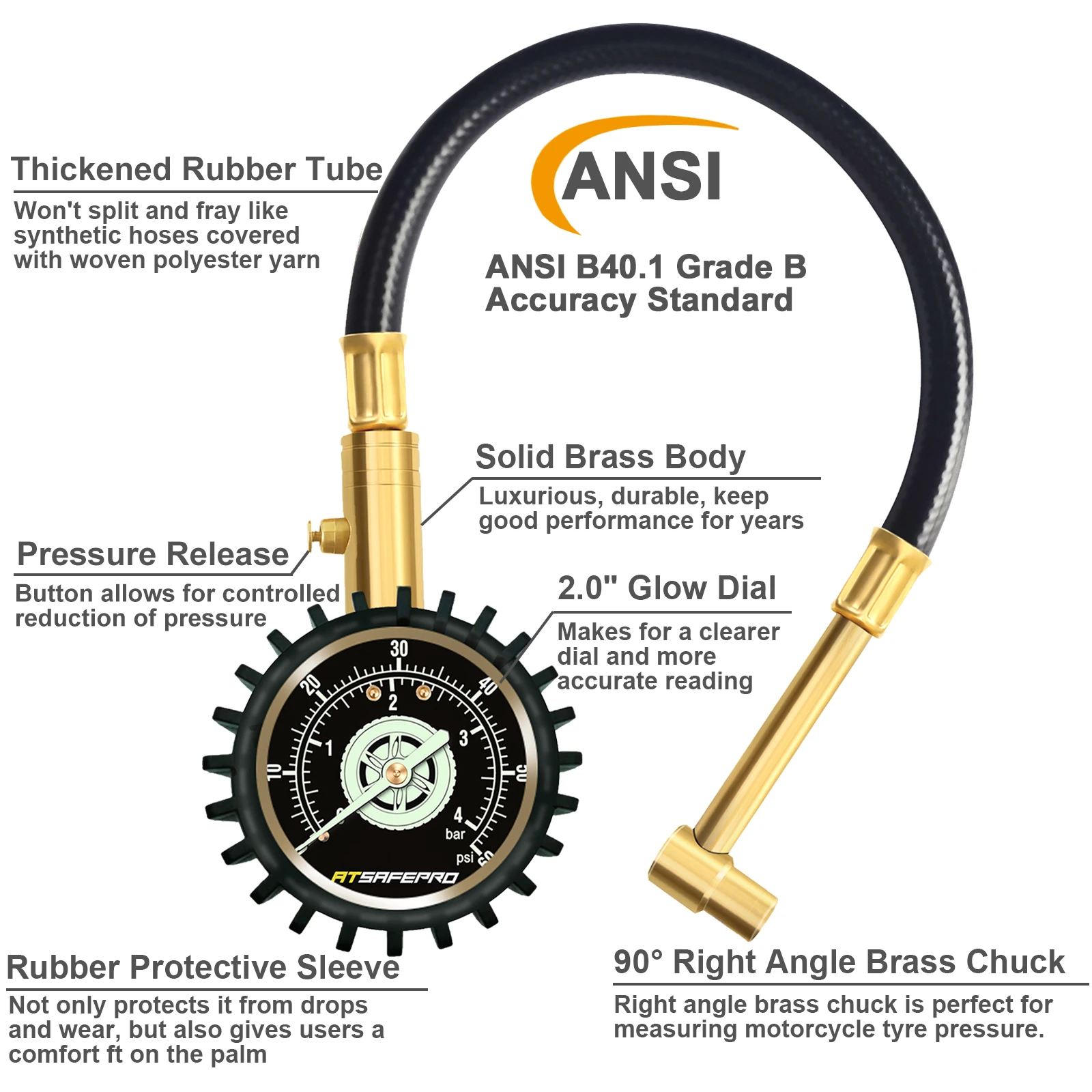 ATsafepro-medidor de presión de neumáticos de motocicleta, Portabrocas profesional de latón de 60 PSI y 90 grados, Portabrocas de ángulo recto para coche, bicicleta y SUV