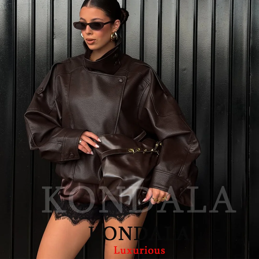 KONDALA, chaquetas informales elegantes de cuero negro para mujer, abrigos elásticos de manga larga con botones, abrigos de gran tamaño a la moda, ropa de calle de primavera 2026