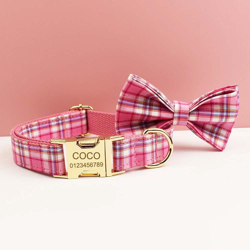 Collar, arnés y correa para perro a cuadros rosa, con placa de identificación grabada personalizada, artículos personalizados para perros