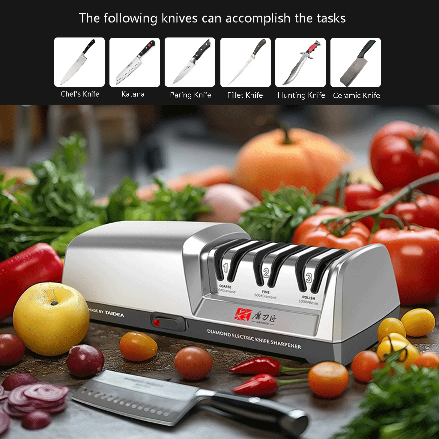 Afilador de Cuchillos Eléctrico Profesional TAIDEA - Sistema de 3 Etapas, Restaura y Pule Cuchillas sin Esfuerzo, Afilador de Cocina