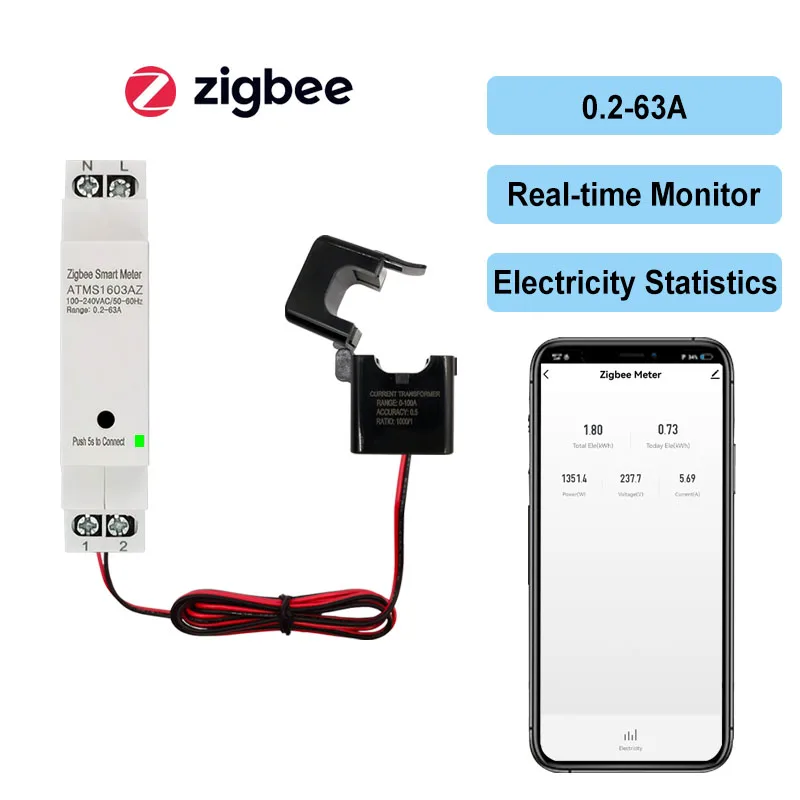 Medidor de Energía Inteligente ZigBee con Transformador de Corriente de 63A, Monitorización por Aplicación, Estadísticas de Electricidad, AC100-240V, Compatible con Tuya