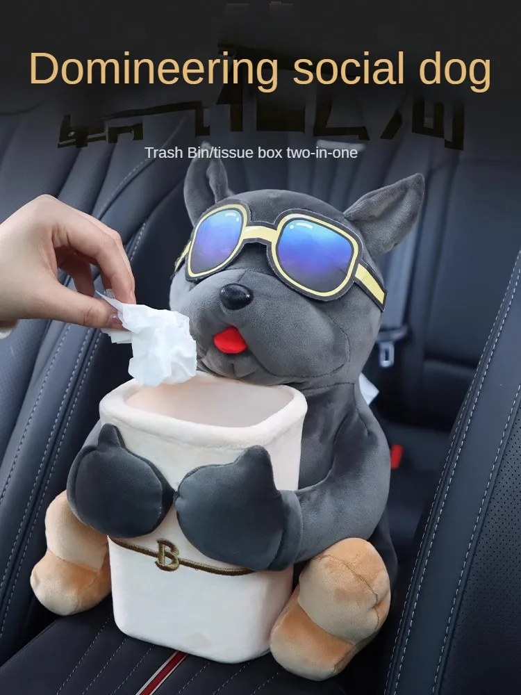Caja de pañuelos montada en coche 2 en 1, muñeco de peluche de dibujos animados, reposabrazos automático, cajón de papel colgante, almacenamiento, cubo de basura y soporte para pañuelos para coche