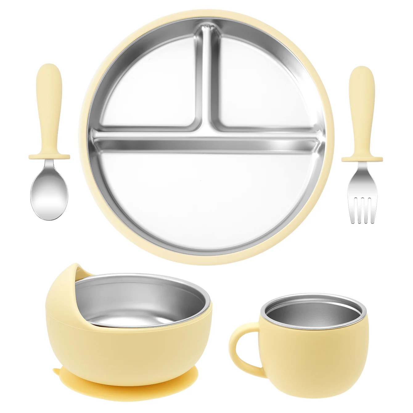 Juego de alimentación de bebé con plato de platos de acero inoxidable, cuenco con ventosa de silicona desmontable, sin BPA, tenedor infantil, cuchara, regalos, 5 uds.