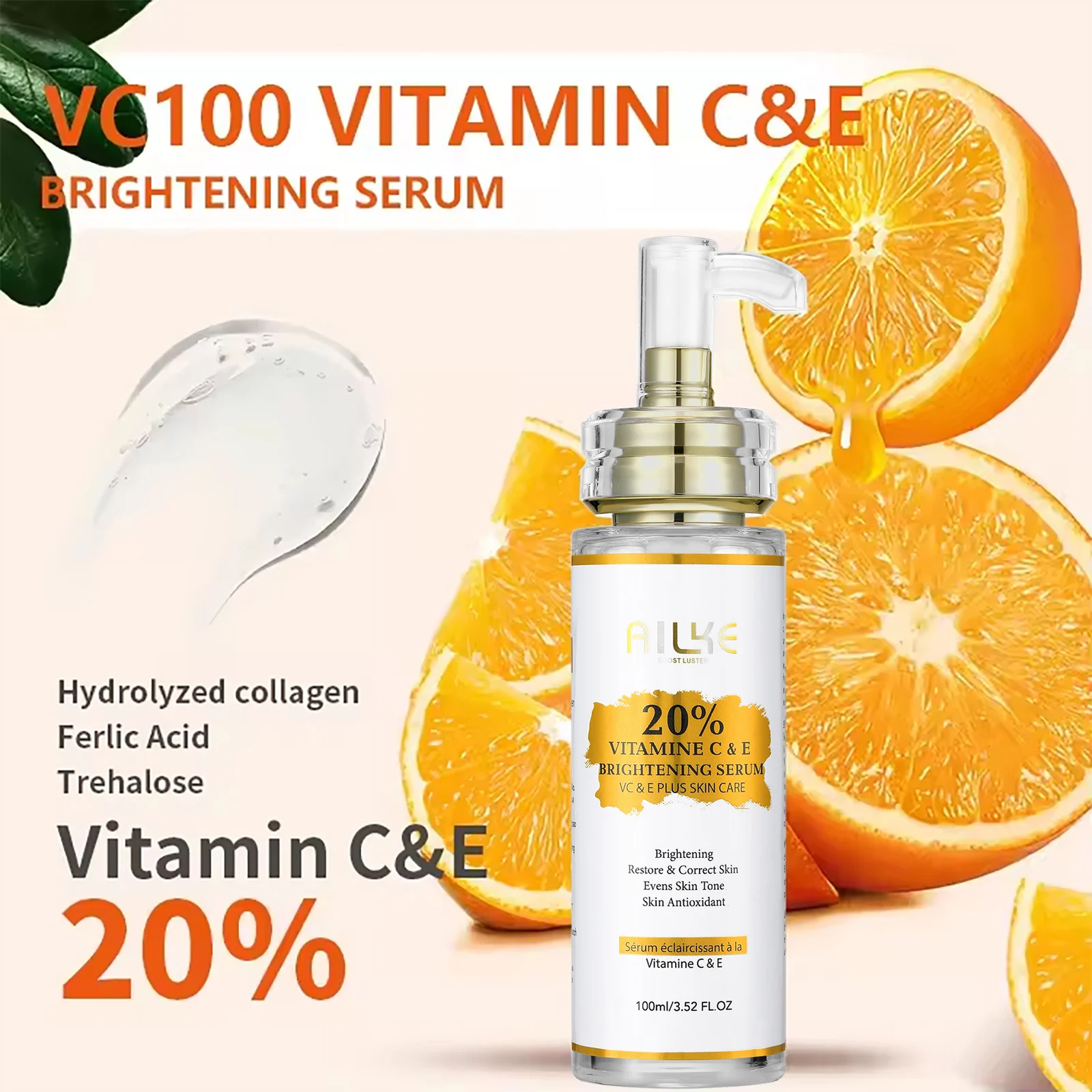 Suero Concentrado Iluminador con Vitaminas C y E de AILKE, Blanqueador, Hidratante, Limpia la Piel, Reduce las Manchas Oscuras, 100 ml/3.52 oz