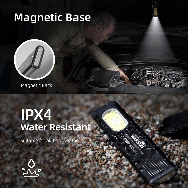 Linterna LED WARSUN T7, Mini Linterna Portátil de 800LM, Recargable, con Base Magnética y Clip, para Trabajo, Senderismo, Pesca, EDC