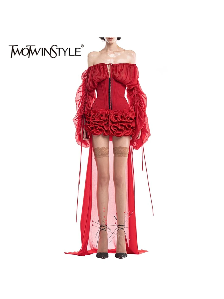 TWOTWINSTYLE, vestidos adelgazantes con apliques empalmados lisos para mujer, vestido sin tirantes sin mangas de cintura alta con temperamento, moda femenina