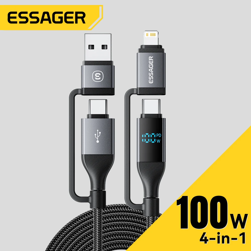 Essager 4 en 1 pantalla Digital Cable USB tipo C 100W PD Cable de carga rápida para iPhone Macbook iPad Xiaomi Cable de iluminación tipo C