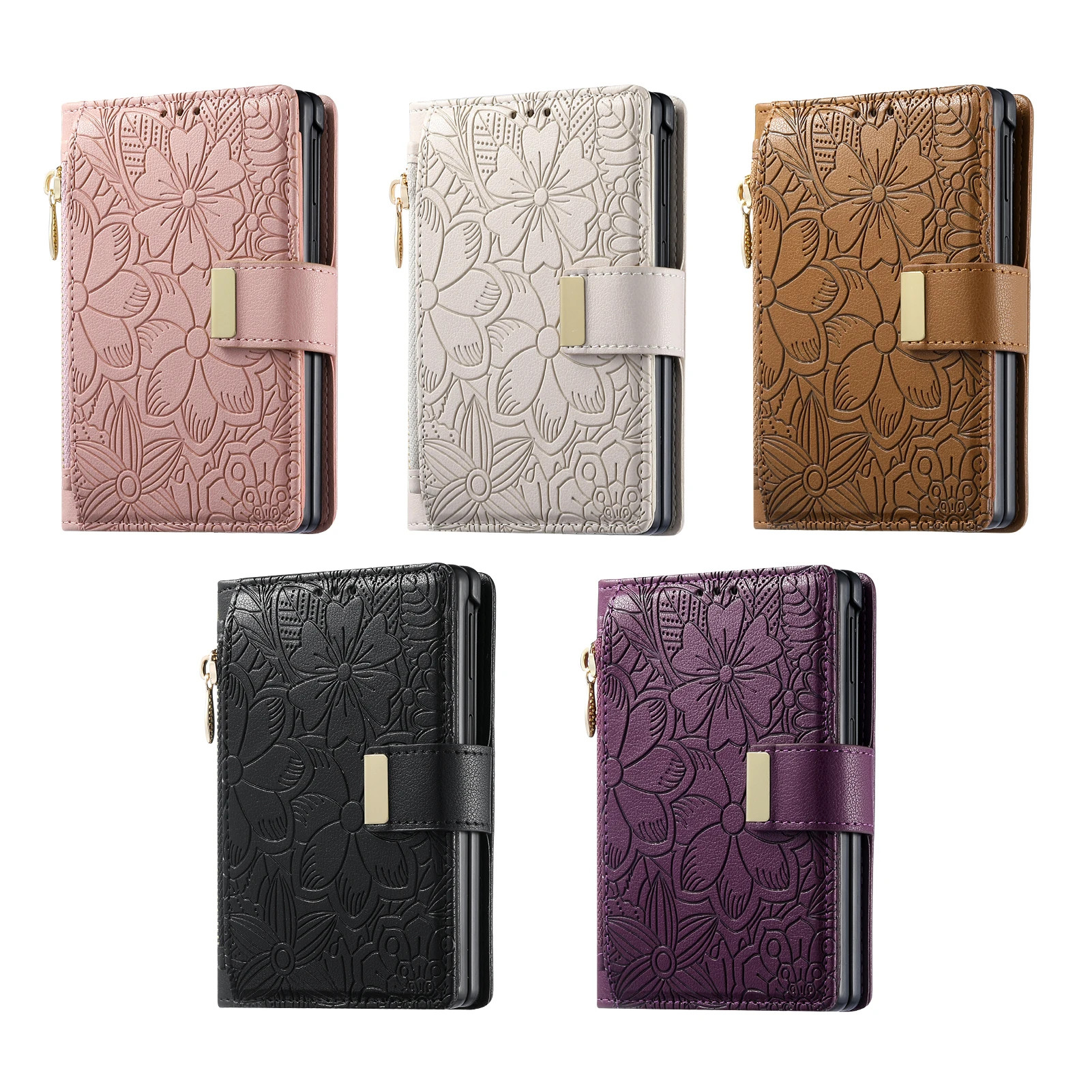 Funda de cuero con cremallera y ranuras para tarjetas, diseño moderno en relieve, para Samsung Z Fold 8, a prueba de golpes, con función de soporte, delgada y ajustada.