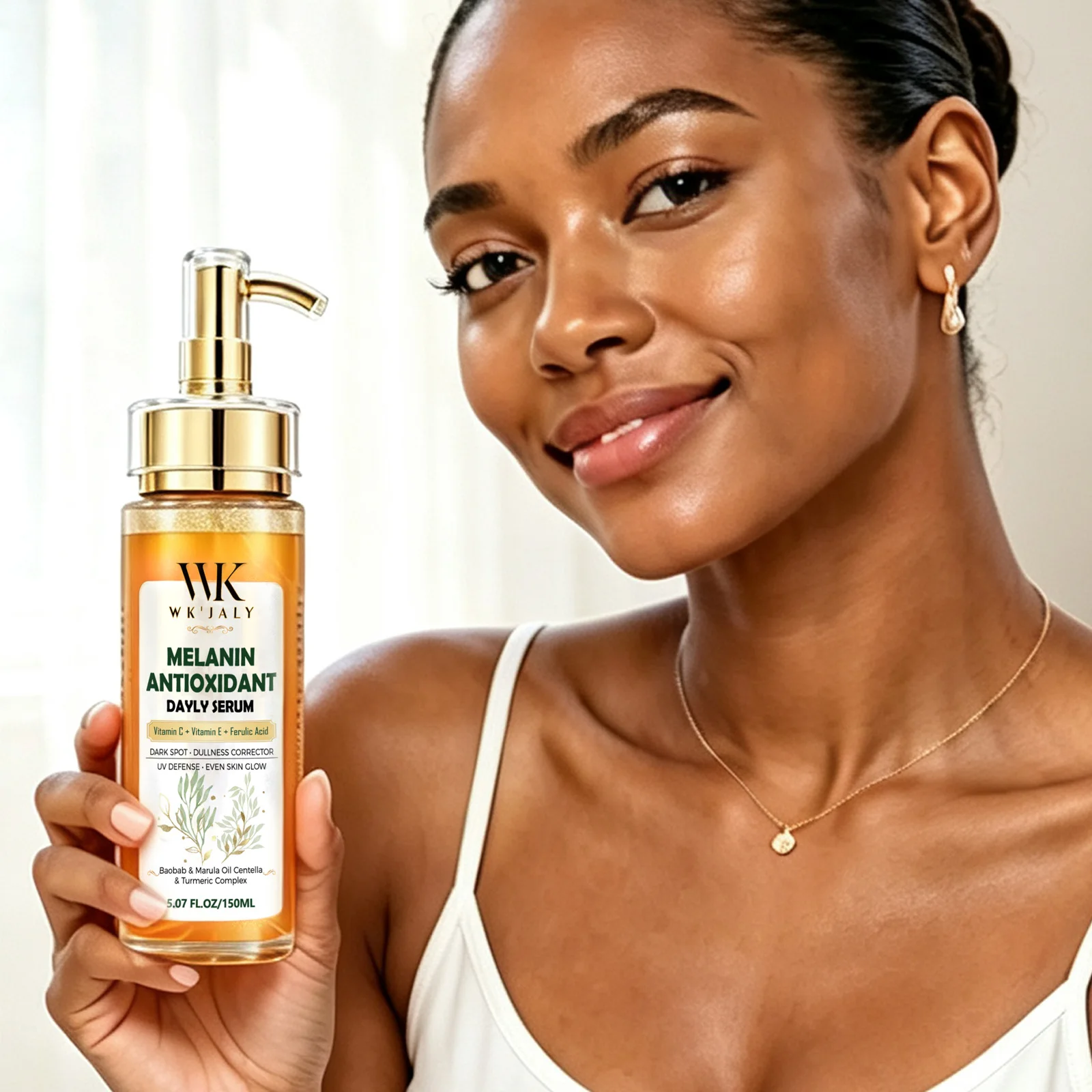 Suero Diario Antioxidante con Melanina WK JALY, con Aceite de Baobab, Aceite de Marula, Corrector de Manchas Oscuras y Opacidad, Esencia para un Brillo Uniforme de la Piel