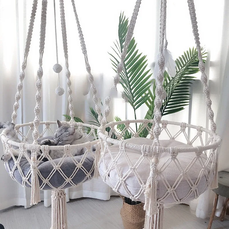 Hamaca de invierno para mascotas, columpio para gatos, cuerda de algodón tejida a mano, cesta colgante para gatos, cuerda colgante para gatitos, nido colgante para interiores, suministros para mascotas