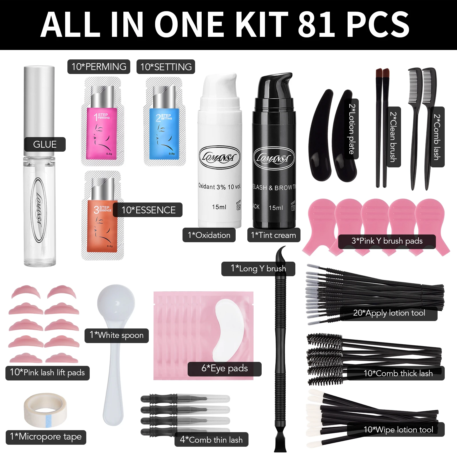 Lomansa-Kit de tinte y levantamiento de pestañas 4 en 1, Kit de laminación de cejas de elevación de pestañas instantánea y completa, tinte rápido de cejas y herramientas de maquillaje voluminosas