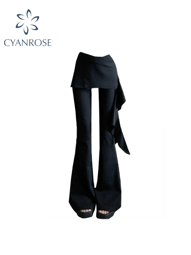 Pantalones acampanados góticos negros con falda para mujer, pantalones Vintage Y2k, pantalones estilo Harajuku japonés de los años 2000, ropa Emo Trashy de los años 2000