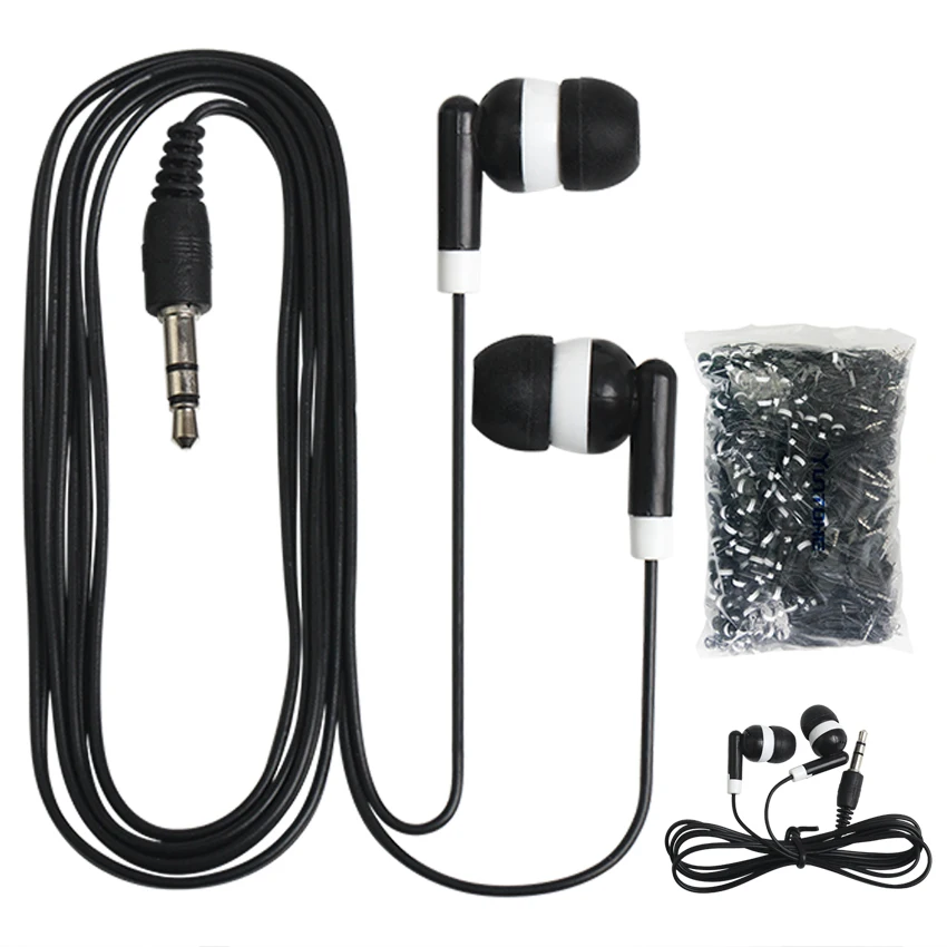 100 Uds auriculares desechables de bajo costo 3,5 MM auriculares estéreo con cable para museo escuela biblioteca autobús tren avión regalo de empresa