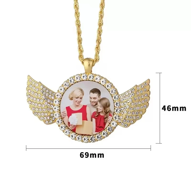 Collar Redondo con Alas de Ángel y Foto Personalizada, Colgante con Imagen Personalizada y Cadena Tennis, Joyería Conmemorativa Unisex para Hombres y Mujeres
