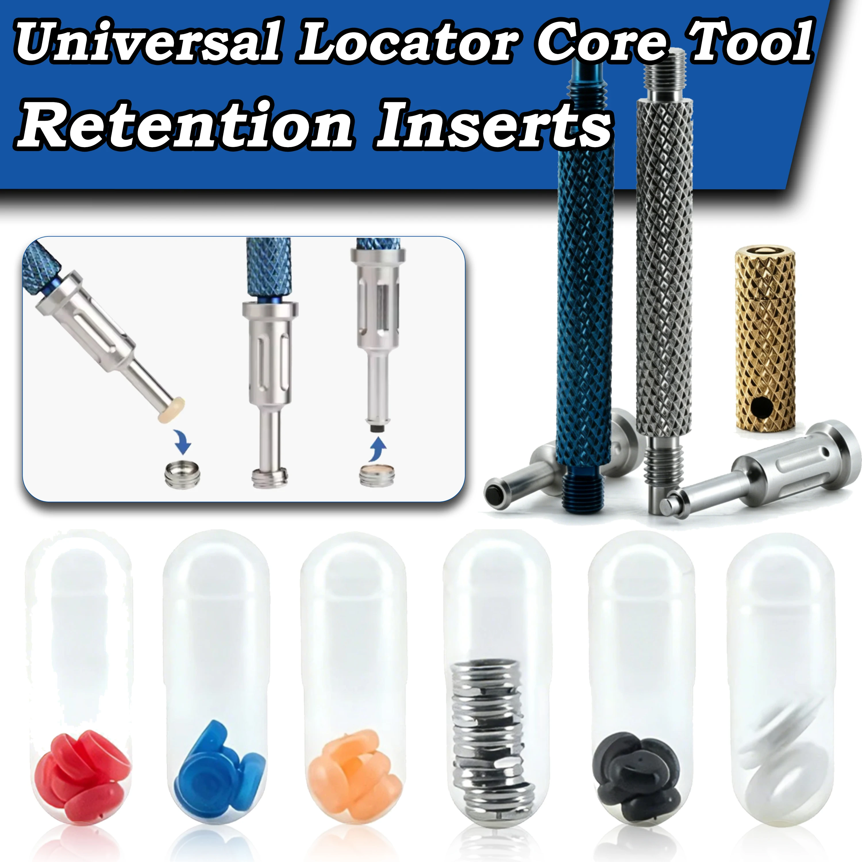 Kit Universal de Herramienta Localizadora y Tapas de Retención para Fijación de Abutments de Implantes Dentales y Sobredentaduras