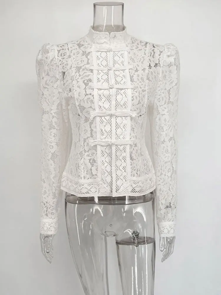 Tossy-camisas con estampado de encaje para mujer, Tops calados a la moda para ir al trabajo, blusa transparente Vintage, camisas de encogimiento de hombros de encaje para mujer, novedad
