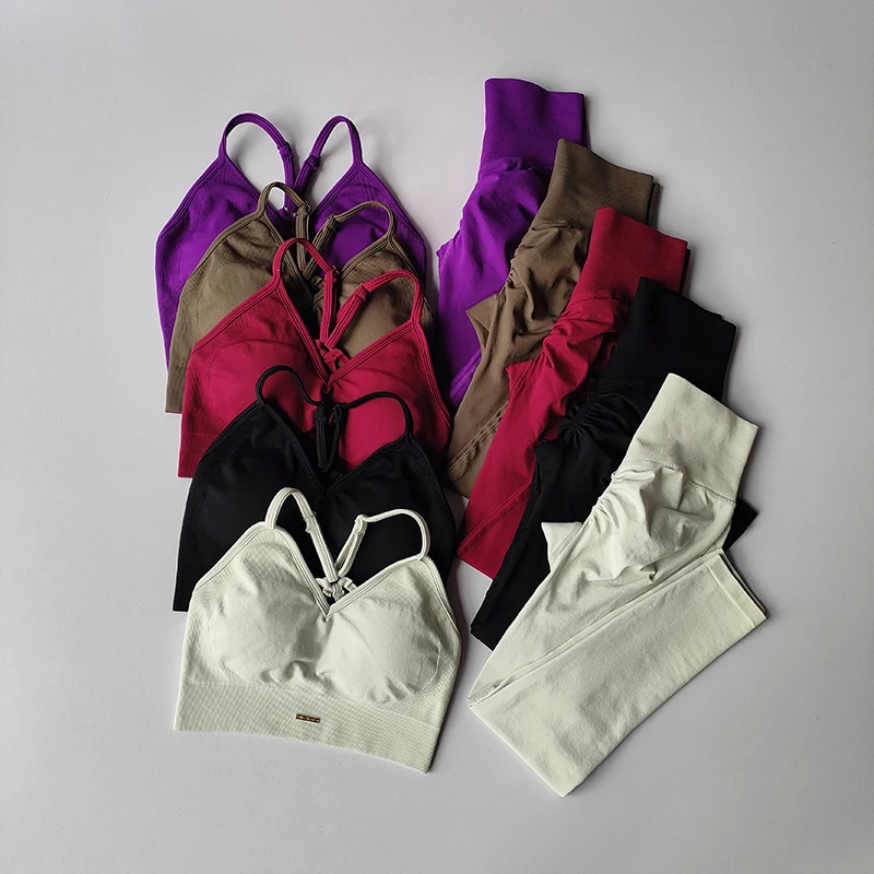 Conjunto de Fitness para levantamiento de cadera sin costuras, sujetador con cuello en V para mujer, mallas, conjunto de Yoga, ejercicio de secado rápido, masaje de hierro, pantalones ajustados de alta grasa