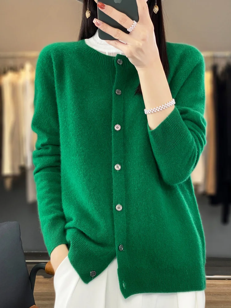 Suéteres de manga larga 100% lana merino para primavera y otoño, tops de punto con cuello redondo para mujer, ropa básica de moda