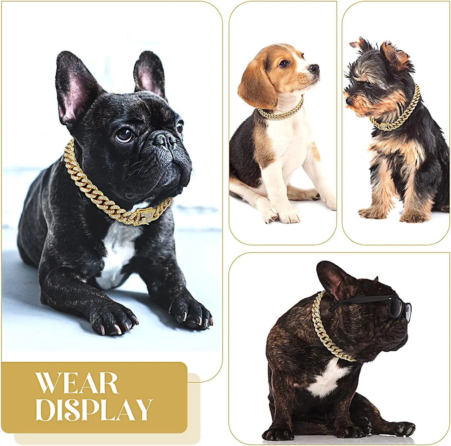 Collar de perro de cadena de oro de lujo, Collar para cachorro, accesorios de joyería de cristal, Collar de enlace cubano para mascotas para perros pequeños, medianos y grandes