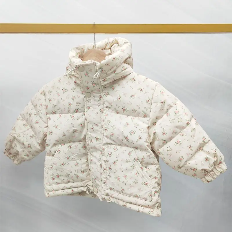 Parka de Invierno para Bebés Niñas, Chaqueta con Capucha Acolchada de Algodón con Estampado Floral, Ropa Exterior Gruesa a Prueba de Viento para Niños Pequeños
