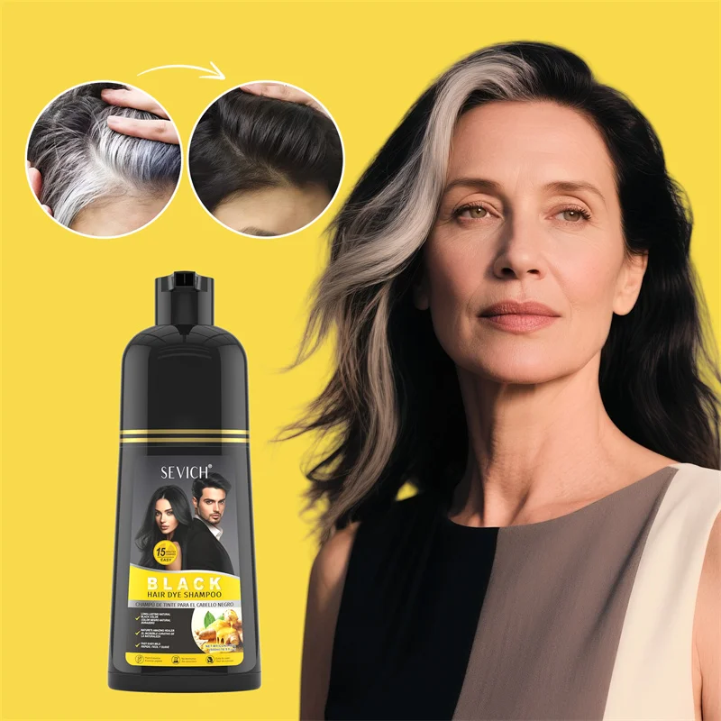 Tinte de cabello saludable a base de hierbas 3 en 1, champú para tinte de cabello negro de 500ml para hombres y mujeres, champú de Color instantáneo de plantas, tinte para el cabello negro de jengibre