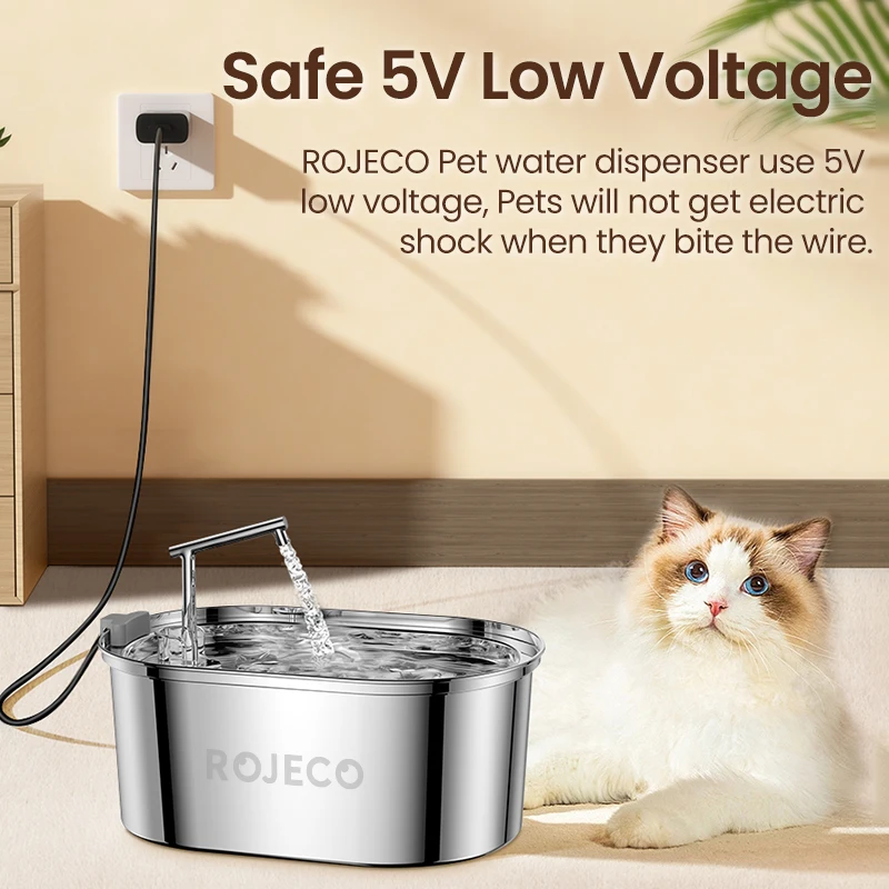 ROJECO-fuente de agua de acero inoxidable para gatos, bebedero automático para gatos, perros, accesorios dispensadores de agua para mascotas