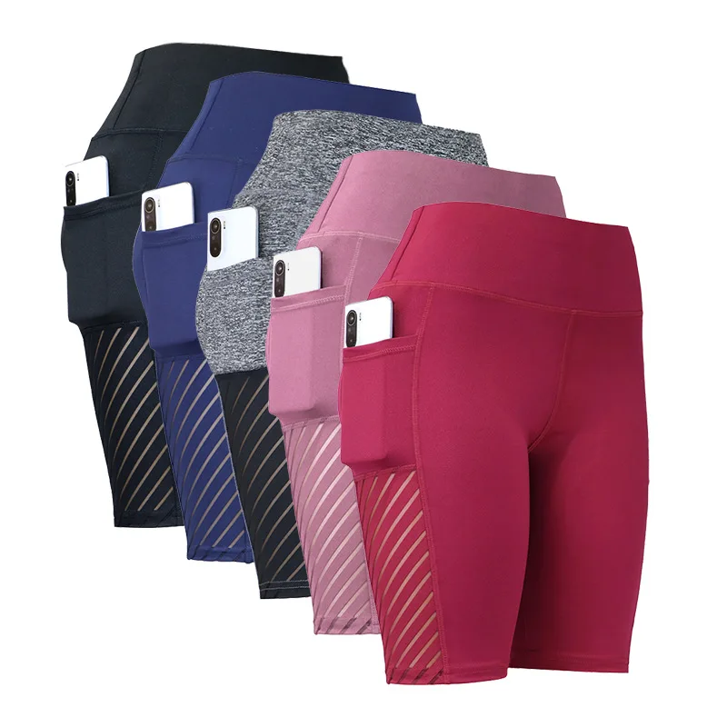 Pantalones cortos deportivos de Yoga para mujer, pantalones hasta la rodilla, Fitness, cintura alta, levantamiento de cadera, correr, Yoga, bolsillos laterales, medias, ropa deportiva de secado rápido para gimnasio