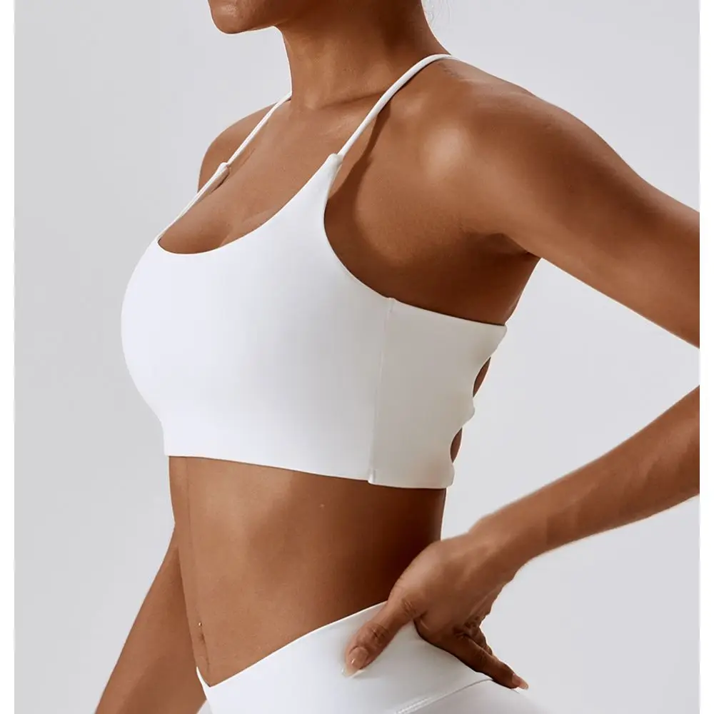 Sujetador deportivo de Color liso en forma de U con múltiples correas y espalda cruzada para mujer, Top para gimnasio, Yoga, atlético, entrenamiento ajustado, Jog suave con almohadilla para el pecho