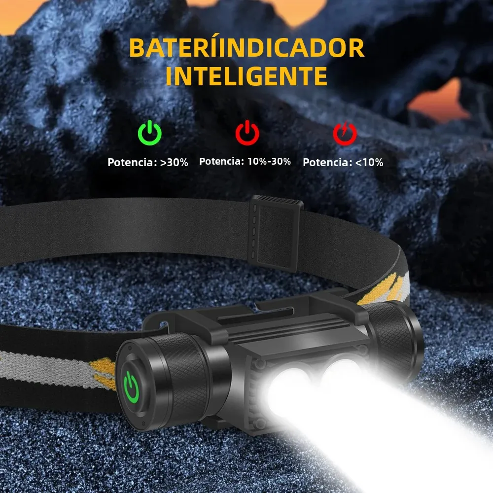 BORUiT D25 faro LED doble 2000LM potente faro tipo C recargable 18650 linterna de cabeza impermeable Camping pesca linterna